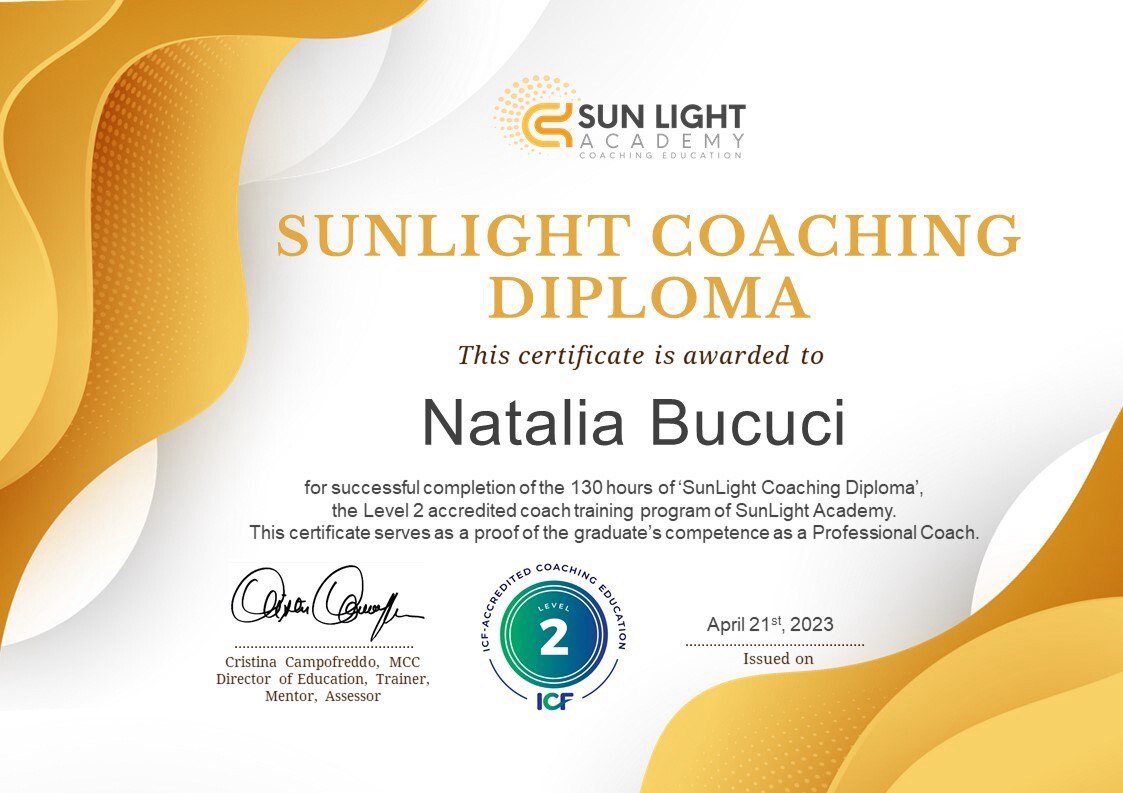 Certificato SunLight Coaching Diploma di Natalia Bucuci, riconosciuto a livello internazionale.